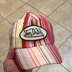 Vintage Y2K Pink Striped Von Dutch Patch Trucker Hat